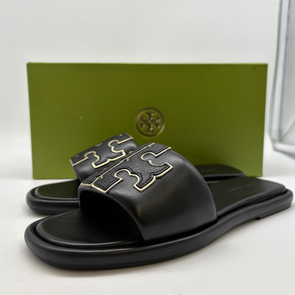TORY BURCH Double T Sort Slide sandal Bk/Gold